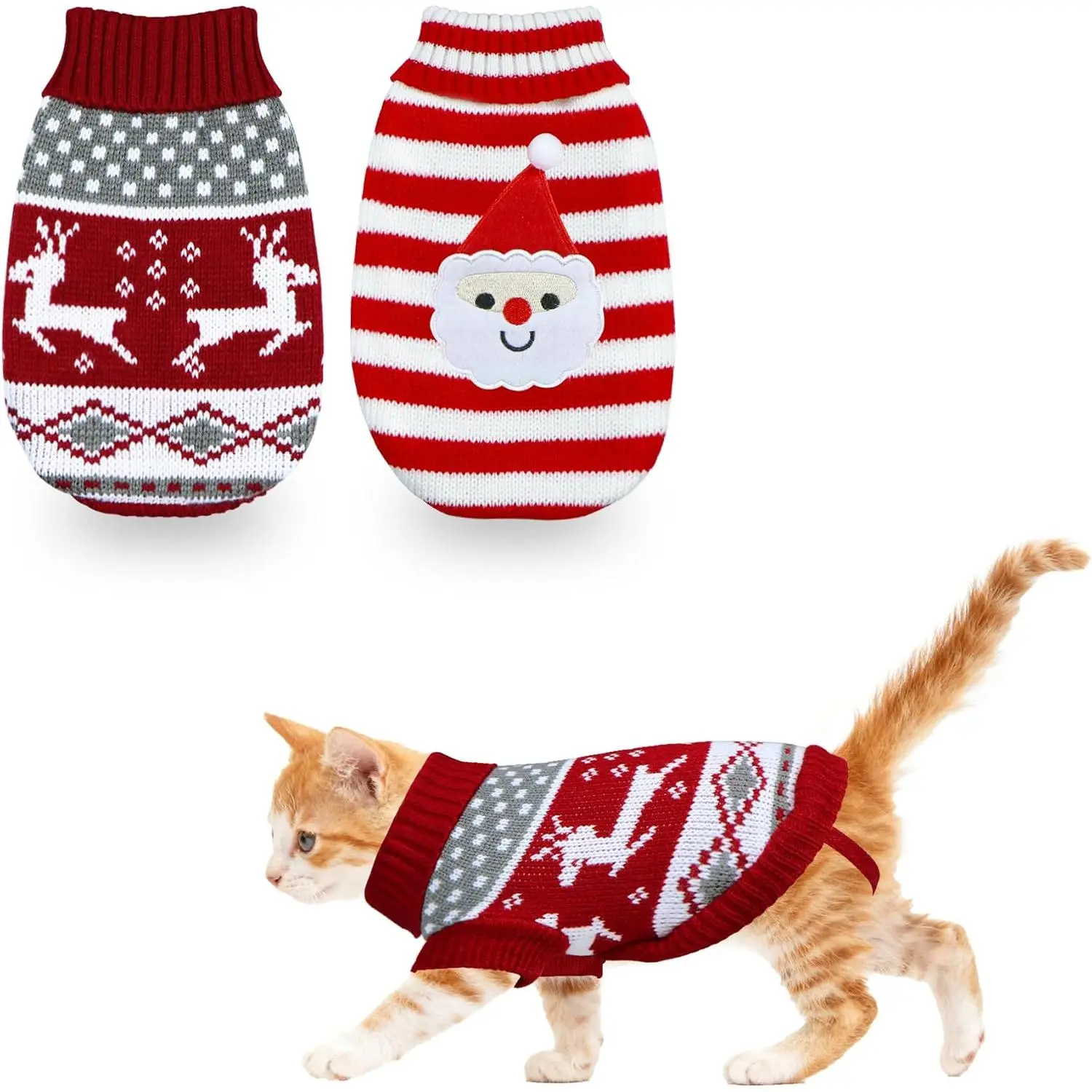 2 Pack  Christmas Sweater, Knit Turtleneck  Sweater Clothes Reindeer Santa Christmas Sweaters Outfit for Cats Kitten Puppy Small Dogs XS