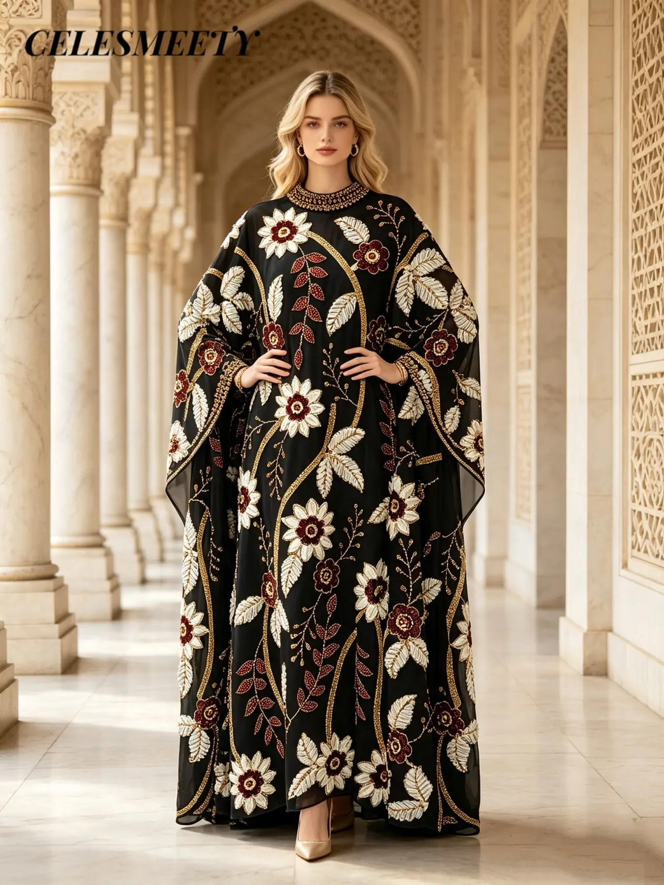 Celesmeety Vintage Floral Muslim Robe, Elegant Kuffieh Evening Dress, Suitable for Ramadan Eid Activities, Long Loose-Fitting Outerwear