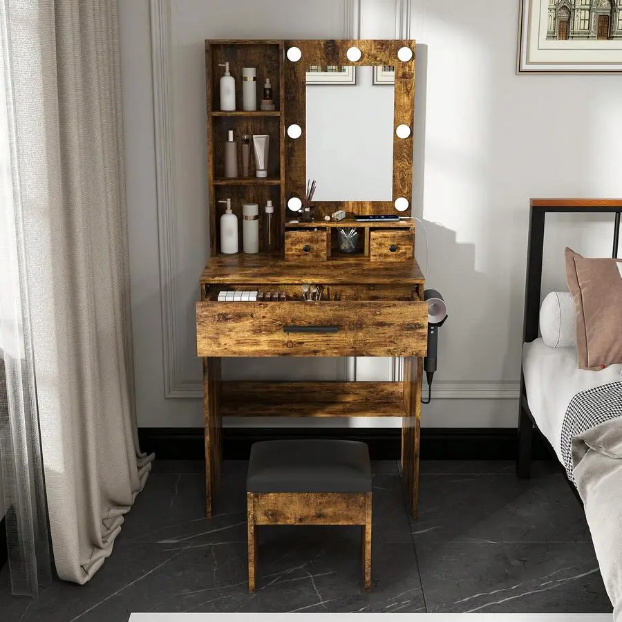 Vintage Glam Makeup Vanity Desk with Mirror - Adjustable LED Lights, Plug, Power Outlet, Hairdryer Holder, MDF Wood, 1 Large Drawer, Matching Upholstered Stool - Compact Dressing Table for Daily Use, Small Bedrooms, Assembly Required
