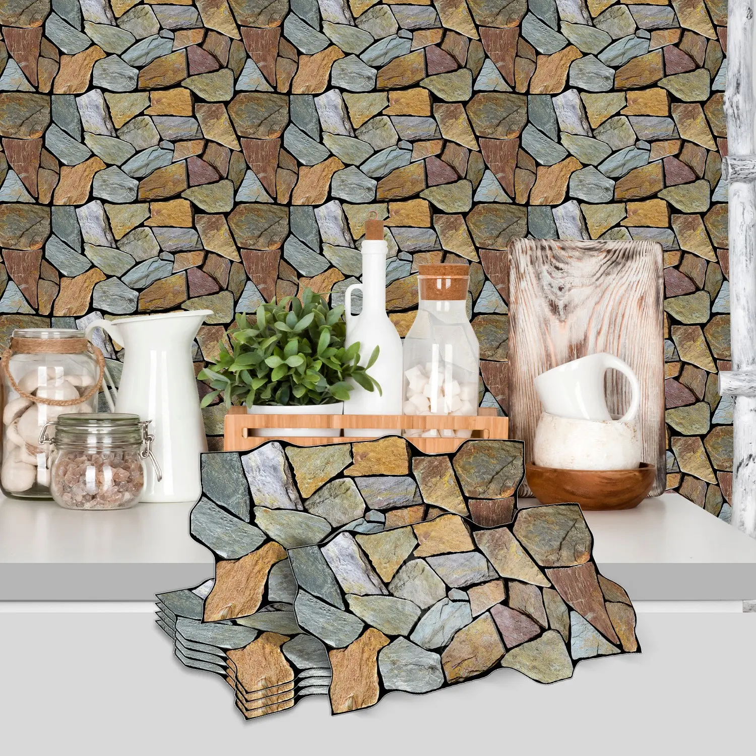 Self-Adhesive Faux-Rock Ceramic Tile Wall Decals, Waterproof Mold-Resistant Easy to Clean, Heat-Insulating Wallpaper for Kitchens Bathrooms Living Rooms