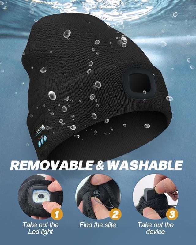 Bluetooth Beanie with a Light, Unisex USB Rechargeable 4 LED Fashlight Hat with Cordless Headphones, Unique Christmas Birthday Gifts for Men Him Husband Teen