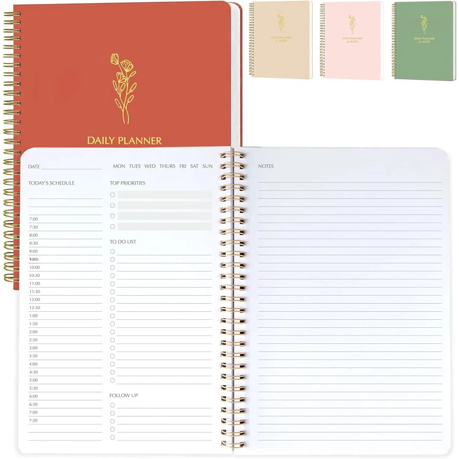Minimalistic Undated Hourly Layout Planner Notebook, 6.5x9.25" Terracotta Task Organizer with Unpaged Start - Office Stationery for Work & Life Tasks, Daily Hourly Schedule Notepad Journal