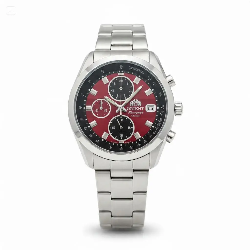 Orient Men Automatic Chronograph Mechanical Watch Blue Gradient Dial Tachymeter Bezel Date Window Luminous Hands Stainless Steel Bracelet Waterproof Sport Racing Wristwatch Luxury Business Casual Daily Wearing Gift For Gentlemen