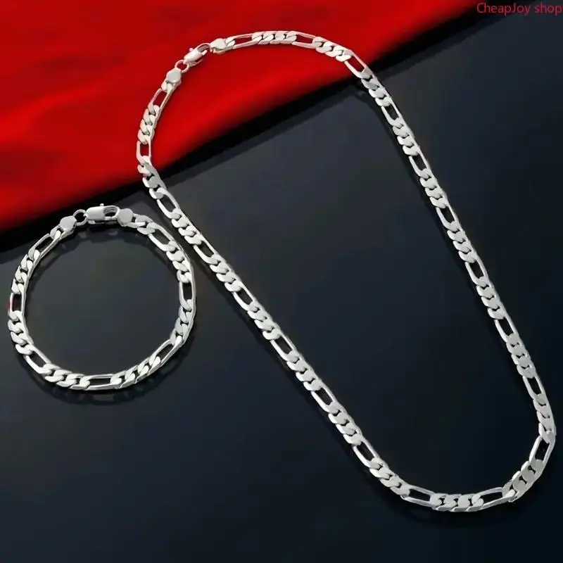 2Pcs Elegant 925 Sterling Silver 4mm Triple Figaro Cuban Link Chain Necklaces, Hypoallergenic Tarnish Resistant Durable Stylish Wrist Accessory, Perfect For Party Styling, Holiday Gifts | summeroutfits,vacationoutfits,beachoutfits