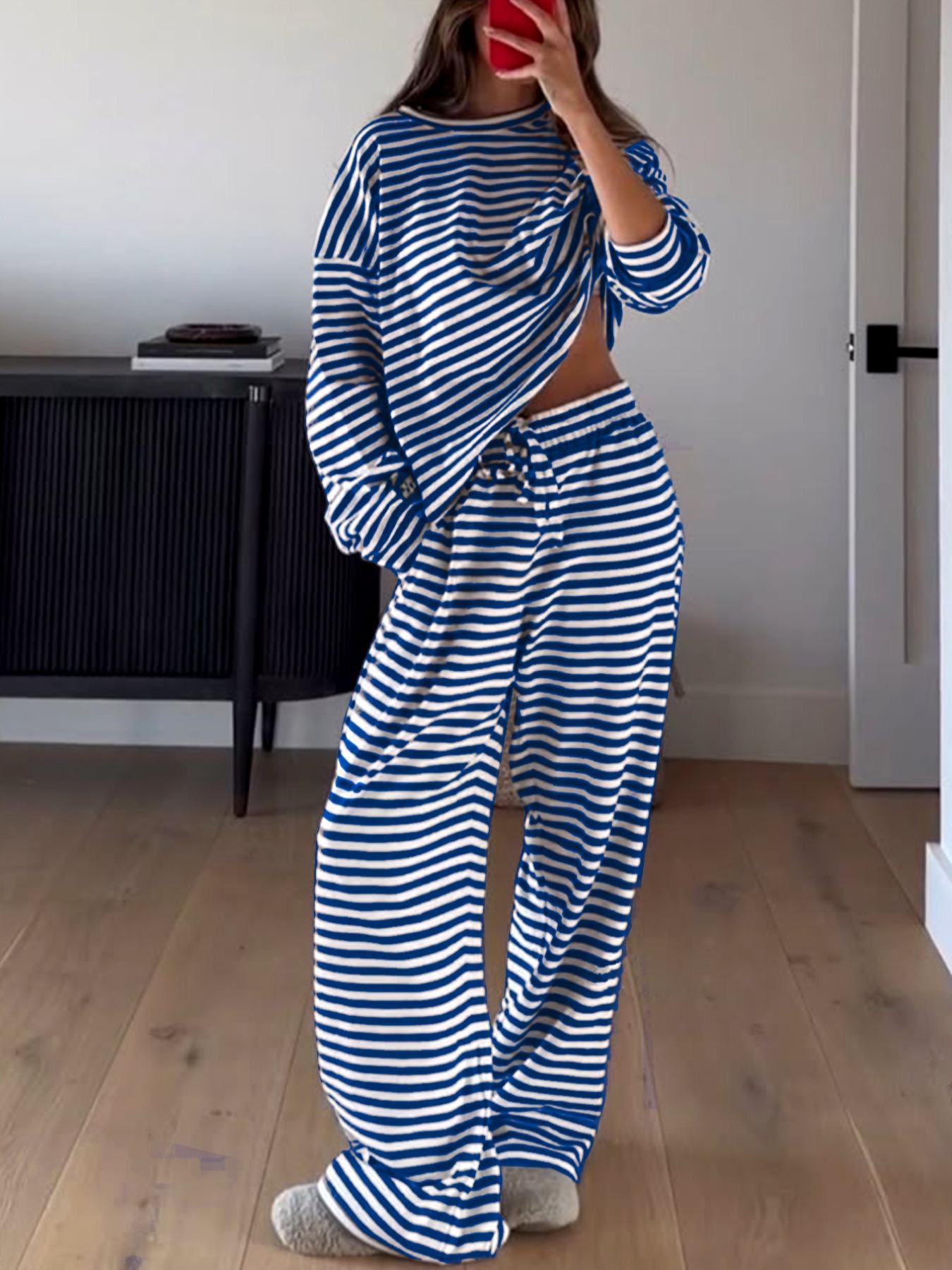 Women's Casual Striped Long Sleeve Top & Pants Set, Comfortable Loose-Fitting Two-Piece, Fashionable Clothing for Daily Wear