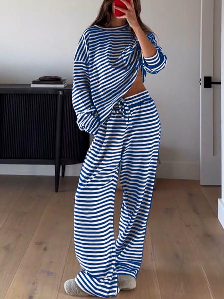 Women's Casual Striped Long Sleeve Top & Pants Set, Comfortable Loose-Fitting Two-Piece, Fashionable Clothing for Daily Wear Women's Casual Striped Long Sleeve Top & Pants Set, Comfortable Loose-Fitting Two-Piece, Fashionable Clothing for Daily Wear