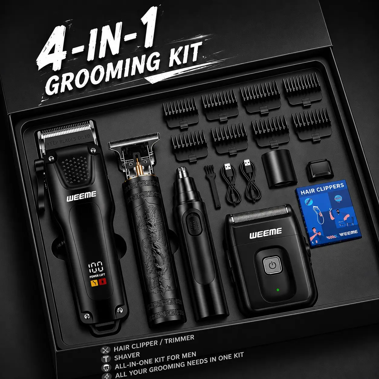 Men's Advanced Grooming Kit, LED Display Professional Hair Clipper, Beard Trimmer, Nose Hair Trimmer, Razor, 4-Piece Set, Best Gift Set