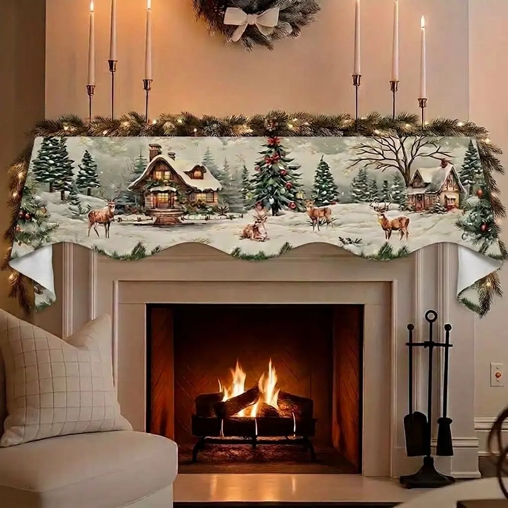 Extra Long Holiday Tablecloth, Vintage Snow Landscape, Family Gathering Dining Display, Hosting Essentials for Adults and Friends, Home Party Decorations