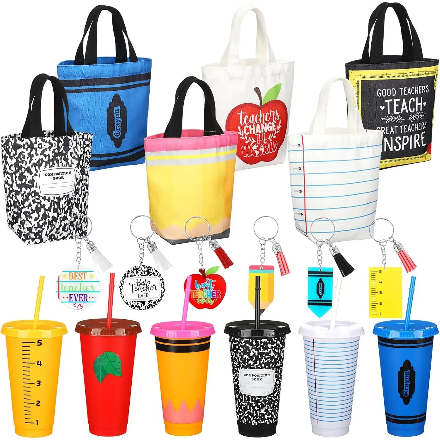 18 count  to School Teacher Gifts Bulk Appreciation Presents | 6 Durable Canvas Mini Tote Bags, 6  Keychains, 6 24 oz Plastic Tumblers, Educator,  of School Teacher Gifts