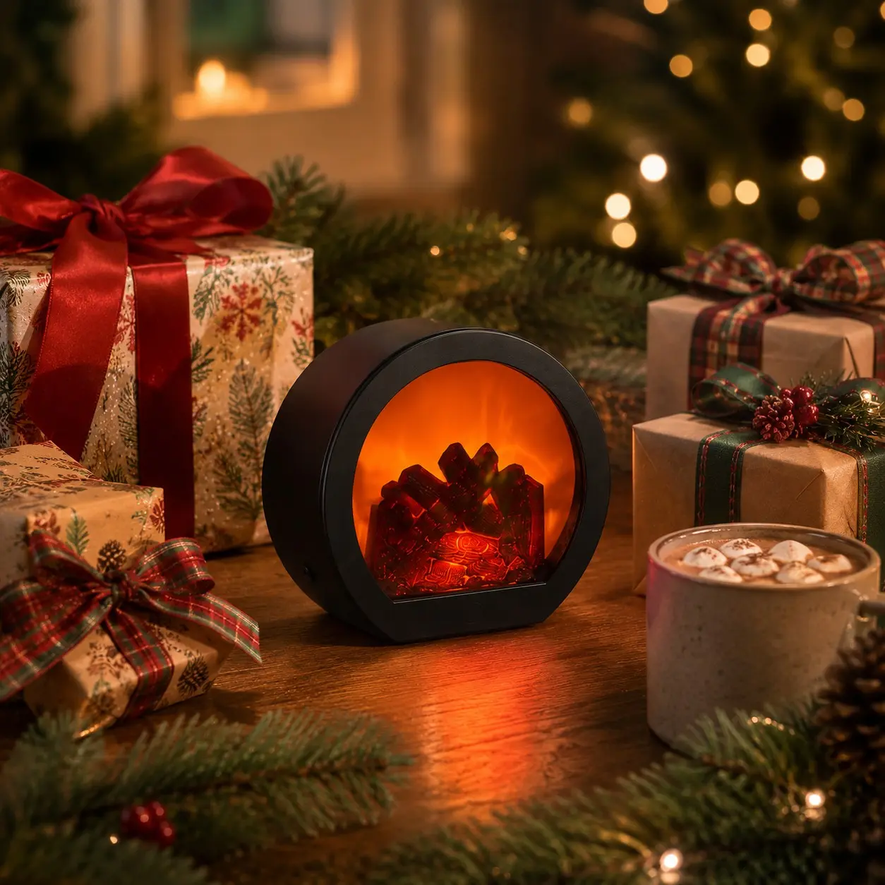 Round Christmas LED Fireplace Decor, Flameless Flame Effect Tabletop Lamp, Portable Battery Powered Stove Ornament for Home, Office and Holiday Display, Requires 3 AA Batteries, Batteries Not Included