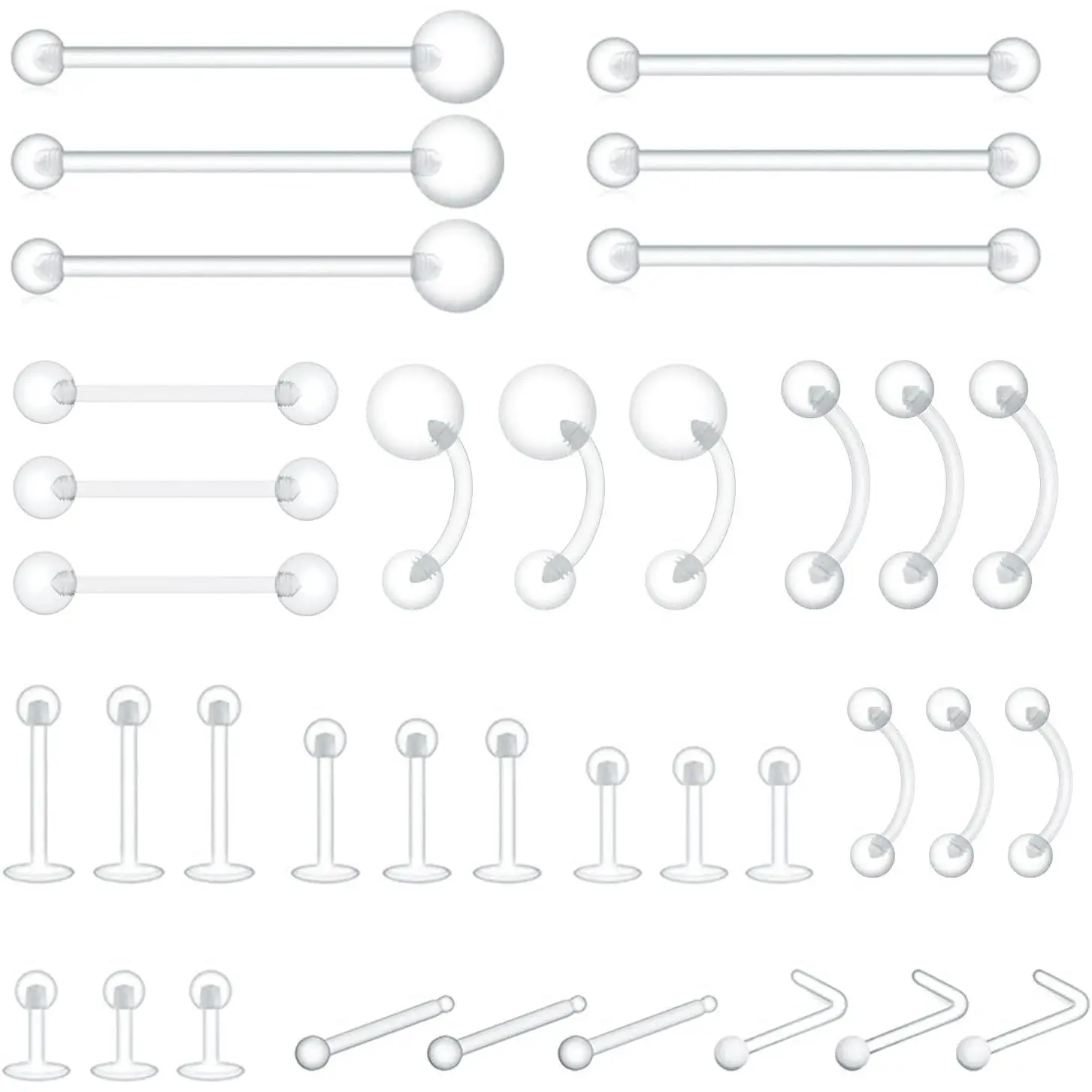 18g 38mm 36pcs Bioflex Plastic Piercing Retainers - Lip Piercing Jewelry, Temporary Eyebrow Jewelry for Nipple, Tongue, Nose Septum, Belly, Tragus, Helix, Cartilage, Industrial, Labret Rings/Studs for Surgery, MRI Appointments