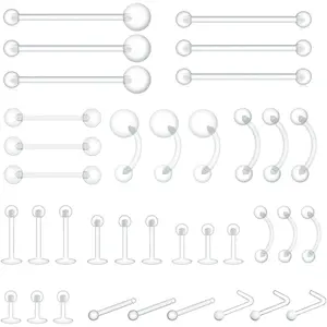 36pcs Clear Piercing Retainers Bioflex Plastic Jewelry for Nipple Tongue Nose Septum Eyebrow Belly Earrings Tragus Helix Cartilage Industrial Lip Labret Rings Studs For Surgery Mri