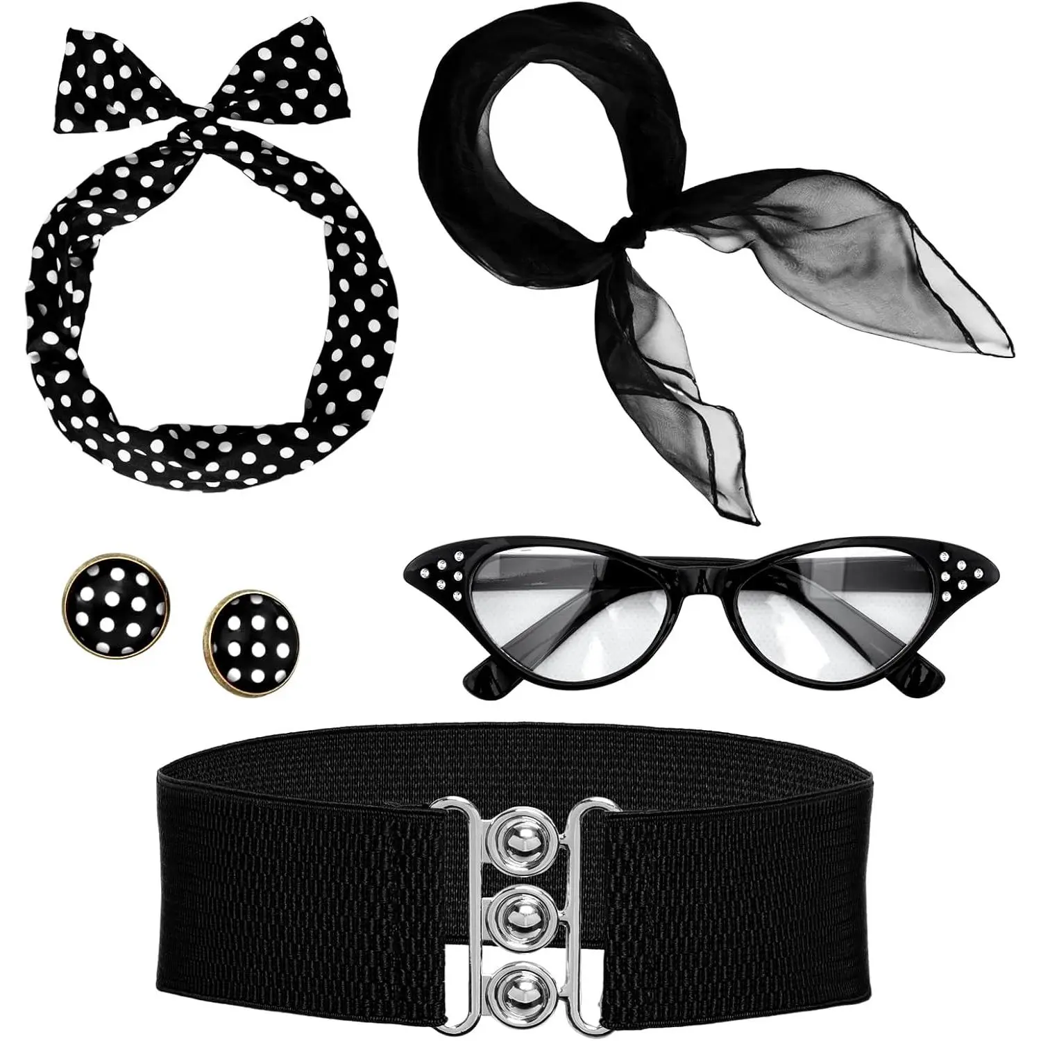 5 count 1950s Costume Accessories for Women Earring Scarf  Eye Glasses Headband Waistband for Hallowmas