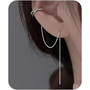 Long Chain Cuff Earrings Gold Silver Wrap Tassel Earrings Minimalist CZ Round Stud With Chain Cuff Double Piercing Jewelry Statement Fake Earrings for Women