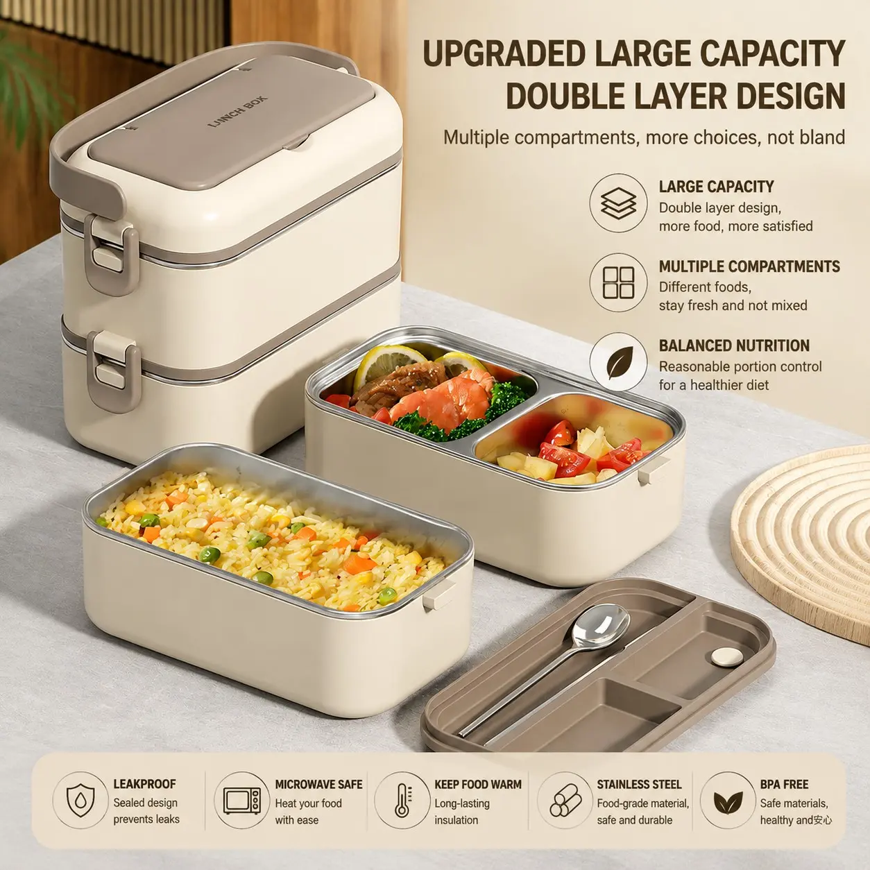 Microwave Safe Leakproof Stainless Steel Lunch Box with Spoon & Chopsticks, Double Layer Bento Food Container, Portable Meal Prep Box for Work School