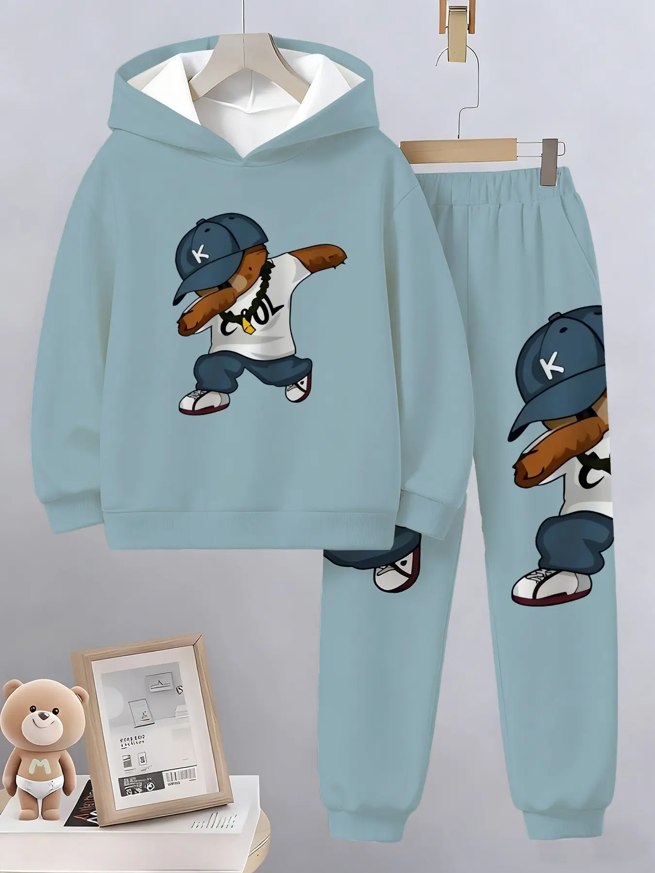 Boys' Light Blue Hip-Hop Cartoon Bear Hoodie Set, Dab Dancing Bear Print Hooded Top and Pants Two-Piece Set, Kids Spring Fall Casual Clothing