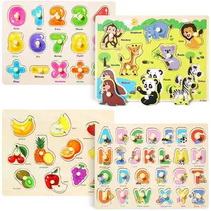 Wooden Peg Puzzle for Toddlers 3 4 5 Years Old, 4 PCS Montessori Educational Learning Puzzles Set-Numbers, Letters, Animals and Fruits, Great Preschool Gifts for Girls and Boysfidget toys