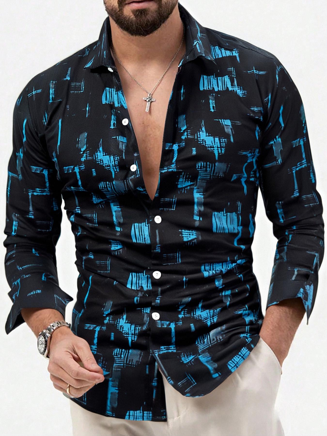Men's All Over Print Button Front Shirt, Casual Regular Fit Long Sleeve Collared Top for Daily Wear, Fashion Men's Clothes for All Seasons