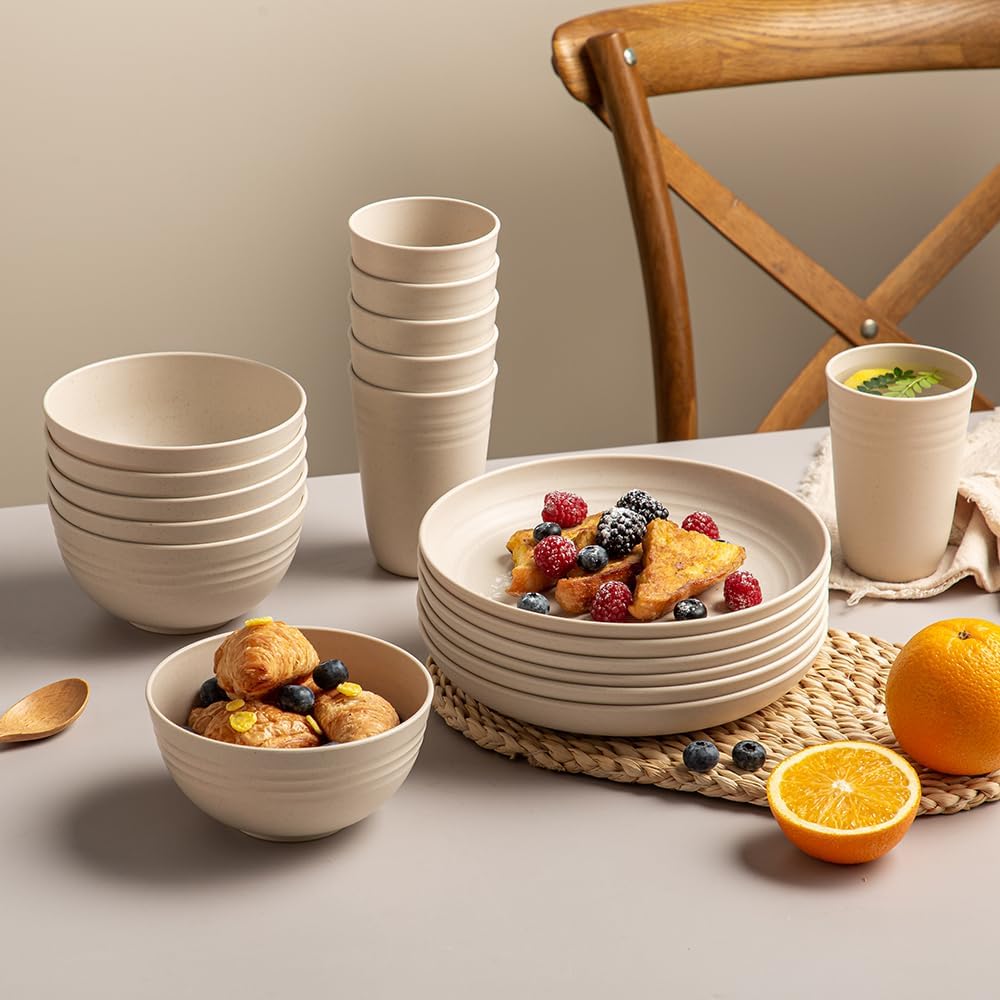 18 count Wheat Straw Dinnerware Sets Unbreakable Dinnerware Set Lightweight Dish Set Cups Plates and Bowls Set Microwave and Dishwasher Safe Dishware Sets 18 count Wheat Straw Dinnerware Sets Unbreakable Dinnerware Set Lightweight Dish Set Cups Plates and Bowls Set Microwave and Dishwasher Safe Dishware Sets