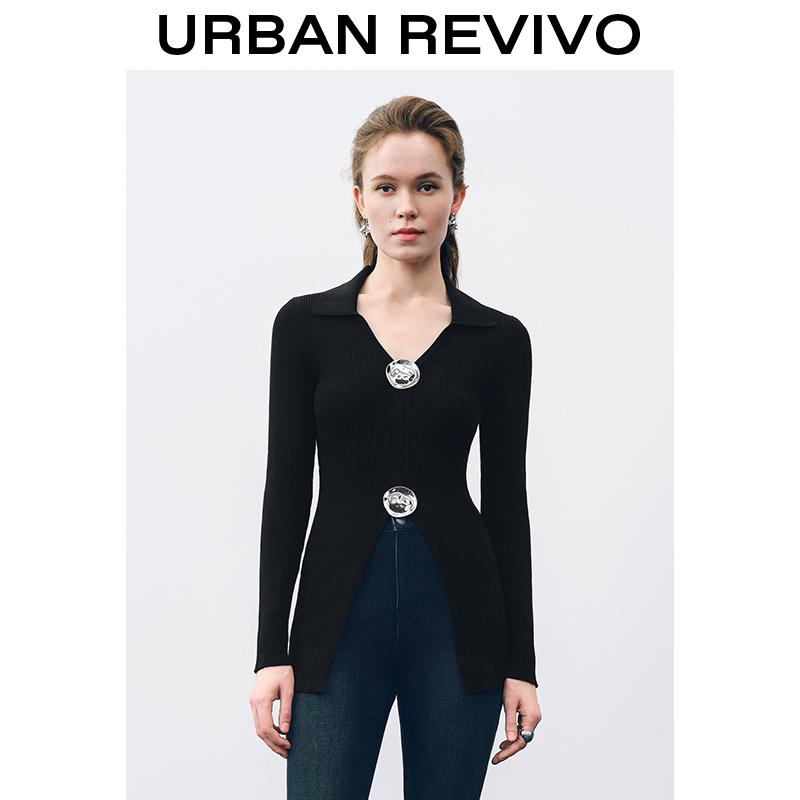 URBAN REVIVO Fluid Metal Buttons Skinny Knitted Cardigan for Women  UWJ940035 Casual Outfit 2025 Women Clothing Girl Elegant Fashion Trendy and Versatile OOTD