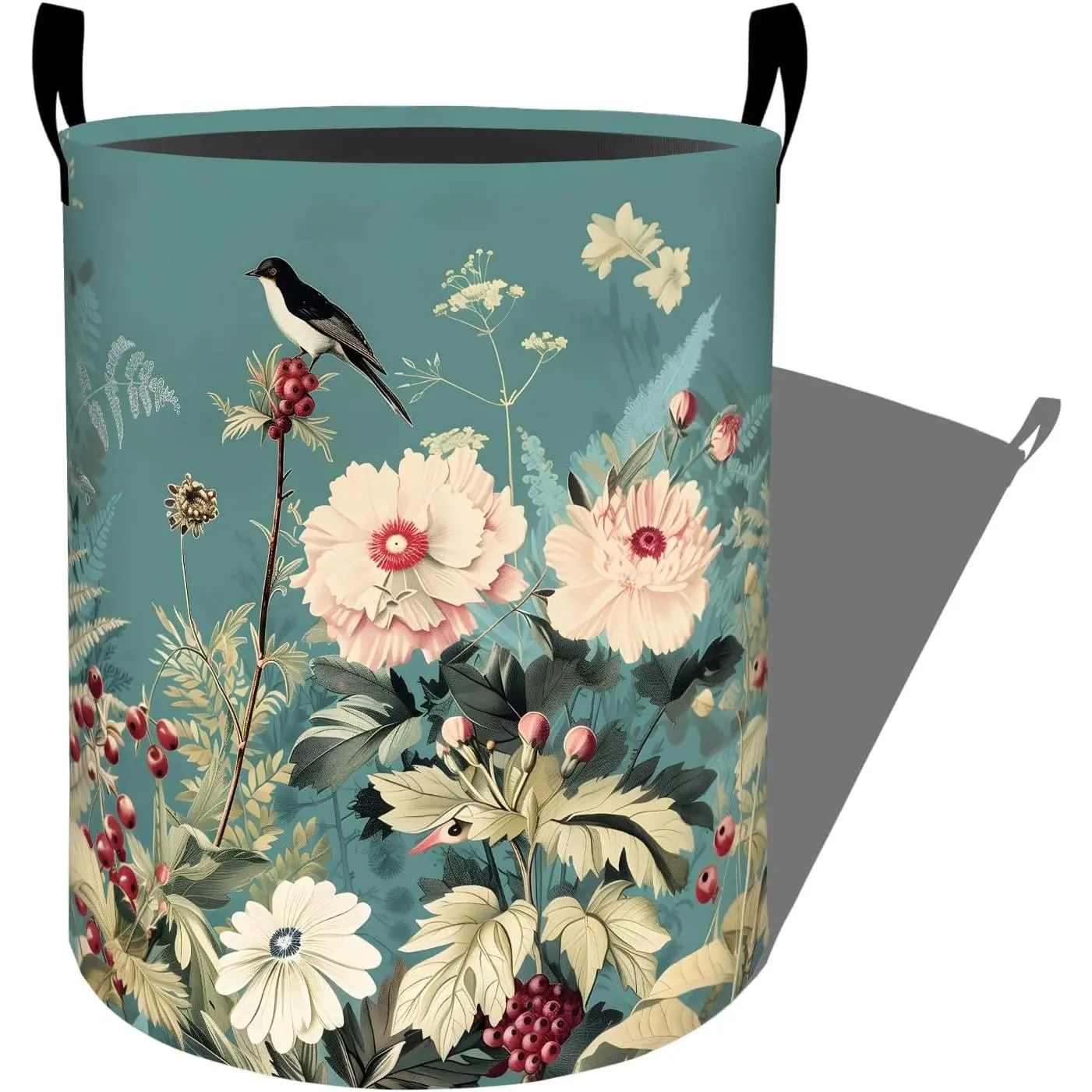 Round Polyester Waterproof Vintage Floral-Berries-Bird Laundry Basket with Handles, 19.7"x15.7" Foldable Clothes Hamper Organizer for Dorm Bedroom Room Decor, Kids' Toy Storage Bin