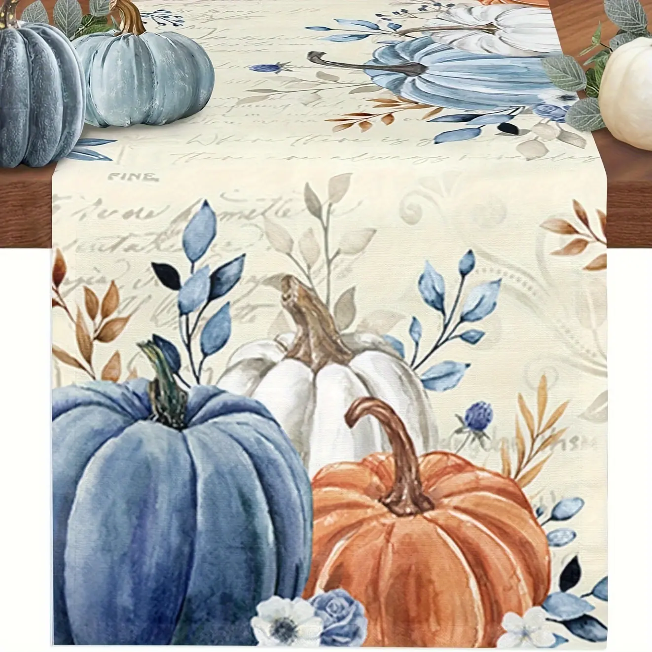 Autumn Linen Table Run - Pumpkin and Maple Leaf Pattern Thanksgiving Decorations, Autumn Table Decorations for Indoors and Outdoors, Farmhouse Style, Multiple Sizes Available