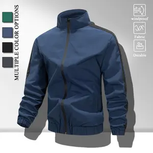 Mens Casual Side Stripe Wind Resistant Jacket, Simple Solid Color Stand Collar Zip Wind Coat, Elastic Cuffs Lightweight Outer Layer for Spring Fall Daily Sport & Commute Wear