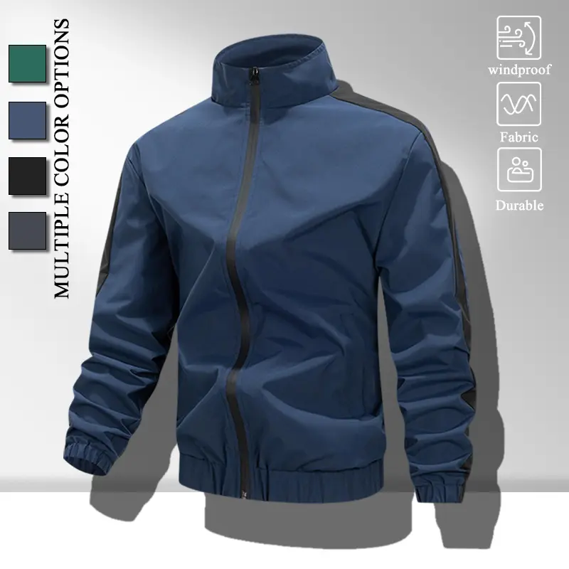 Mens Casual Side Stripe Wind Resistant Jacket, Simple Solid Color Stand Collar Zip Wind Coat, Elastic Cuffs Lightweight Outer Layer for Spring Fall Daily Sport & Commute Wear