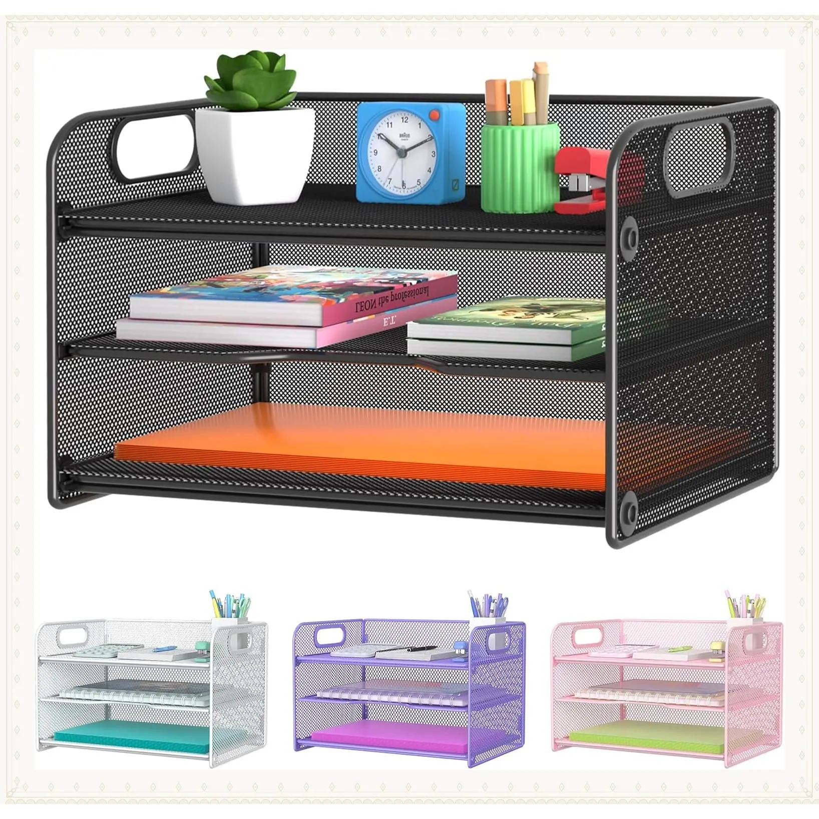 3-Tier Mesh Letter Tray Paper Organizer with Handle, Desktop File Sorter Rack, BlackGift