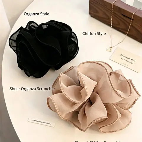 2Pcs Large Layered Organza Scrunchies, Elegant Sheer Mesh Flower Hair Ties, Soft Chiffon Elastic Hair Scrunchies, Trendy Floral Fashionable Hair Accessories for Daily Dating Wedding Party Hairstyling