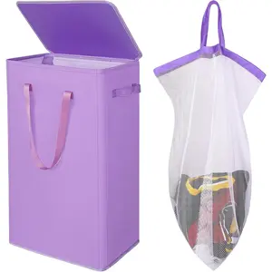 75L Slim Laundry Hamper with Lid,Large Foldable Laundry Basket with Removable Bag and Handles Tall Collapsible Dirty Clothes Basket Great for Bedroom, Bathroom, Dorm, College,RV.(Purple, 75L)