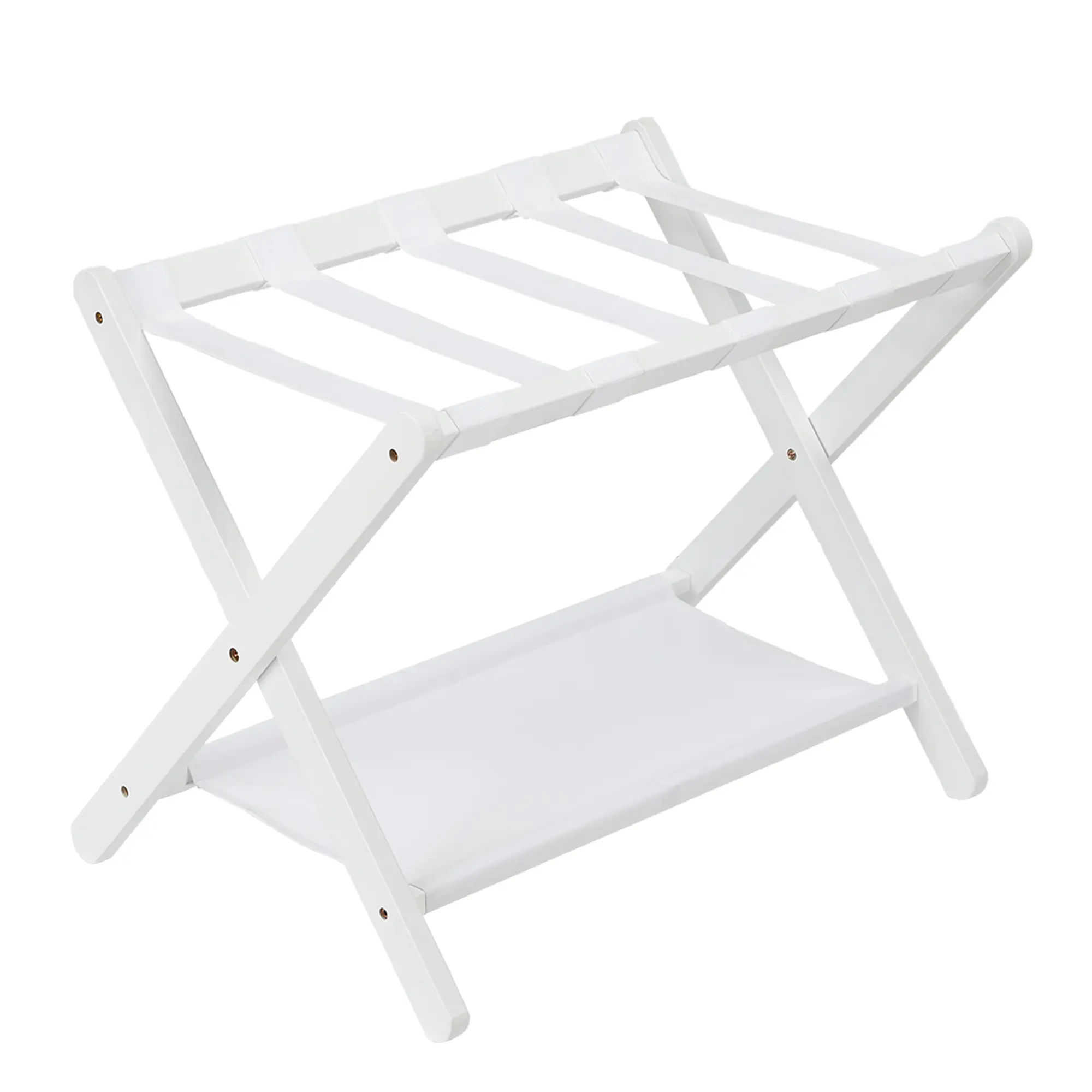 Folding Bamboo Luggage Rack with Storage Shelf – Durable Nylon Straps, Holds up to 110 lbs, Fits Most Suitcases, Ideal for Bedrooms, Guest Rooms, Living Rooms, Hotels