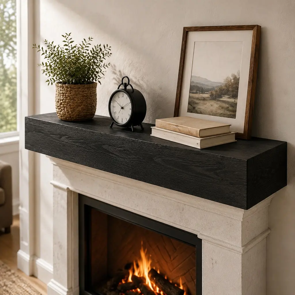 ARCH Furniture Wall-Mountable Cedar Wood-Metal Fireplace Mantel Shelf, 72" L x 9" W x 6" D, Hollow Cutout, Brushed Texture, 50lb Capacity, Modern Farmhouse Rustic Home Decor Shelf