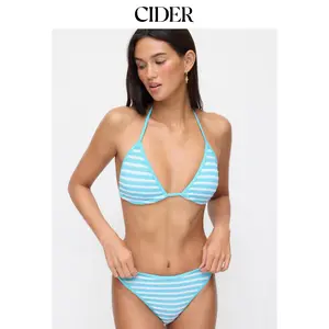Cider Striped Halter Triangle Cheeky Bikini Set