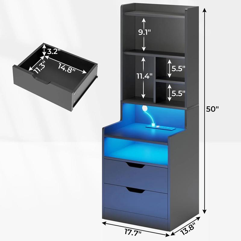 Sikaic LED Tall Nightstand with Bookshelf Charging Station Black Modern Bedside Table with RGB LED Lights & Storage Drawers - Tabletop Design