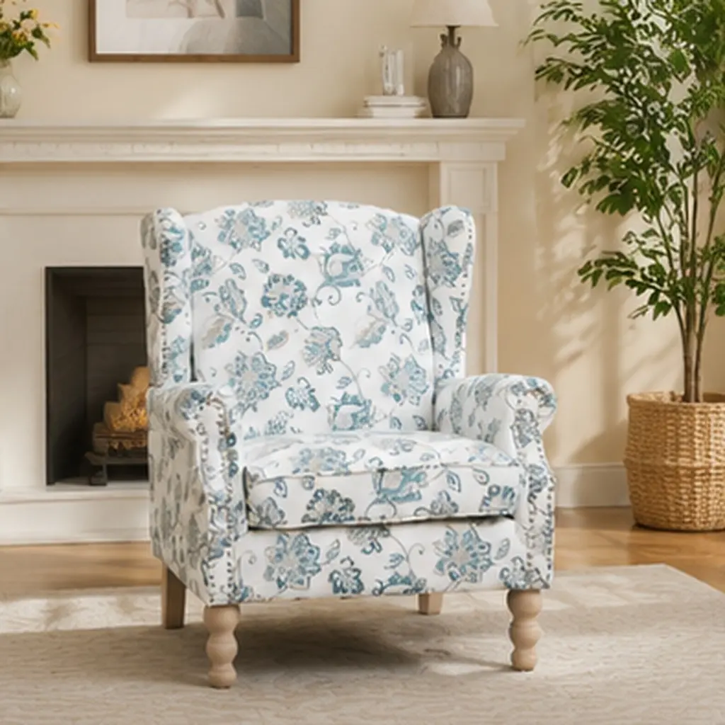 ARCH Modern Accent Armchair with Retro Wood Legs Comfy Upholstered Floral Design Single Sofa Chair for Living Room Bedroom Office Reading Room Relaxation, Living Room Furniture for Apartment, Lounge, Family Room, Office and Home Seating