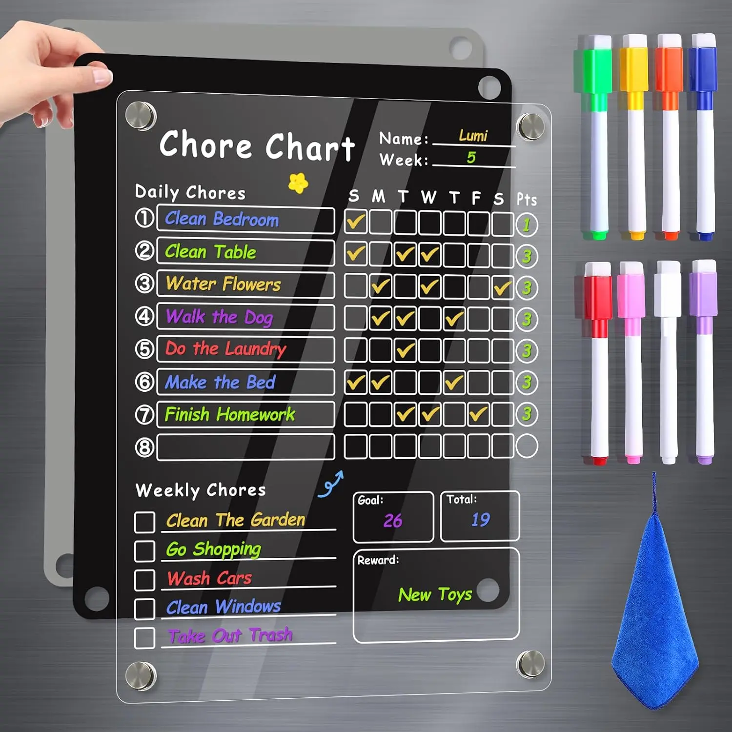 Chore Chart for , Chore Board, Dry Erase Chore Chart, 12"x9.5" Transparent Erasable  Chart for Teens and Adults Chore Checklist with 6 Markers and Towel