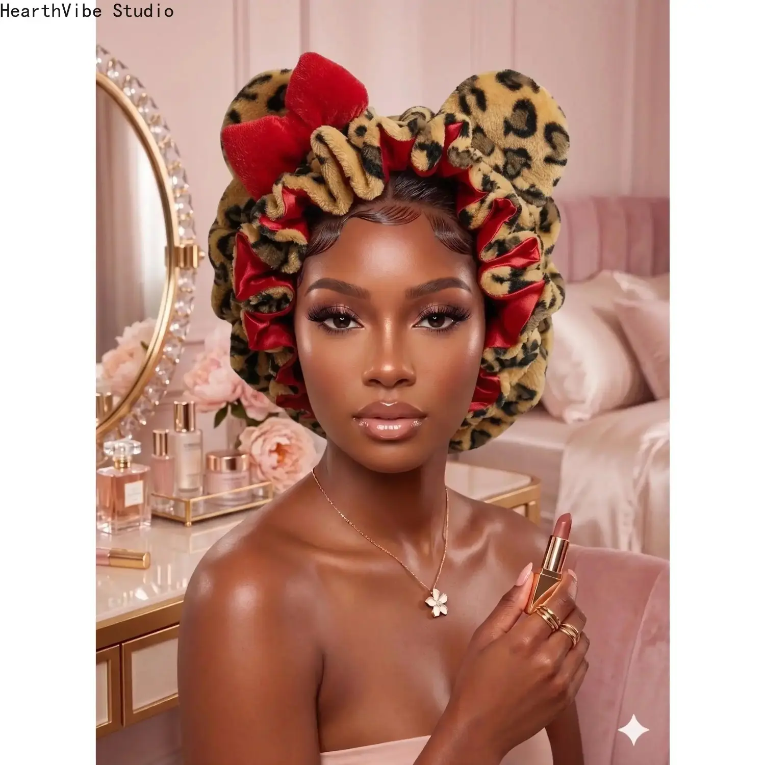 Women's Premium Plush Leopard Satin Bonnet for Sleeping – Double Layer Curly Hair Nightcap with Comfort-Fit Elastic Band & Animal Ears, Haircare, Beauty Products, Hydrating, Gifts For Adulting Women