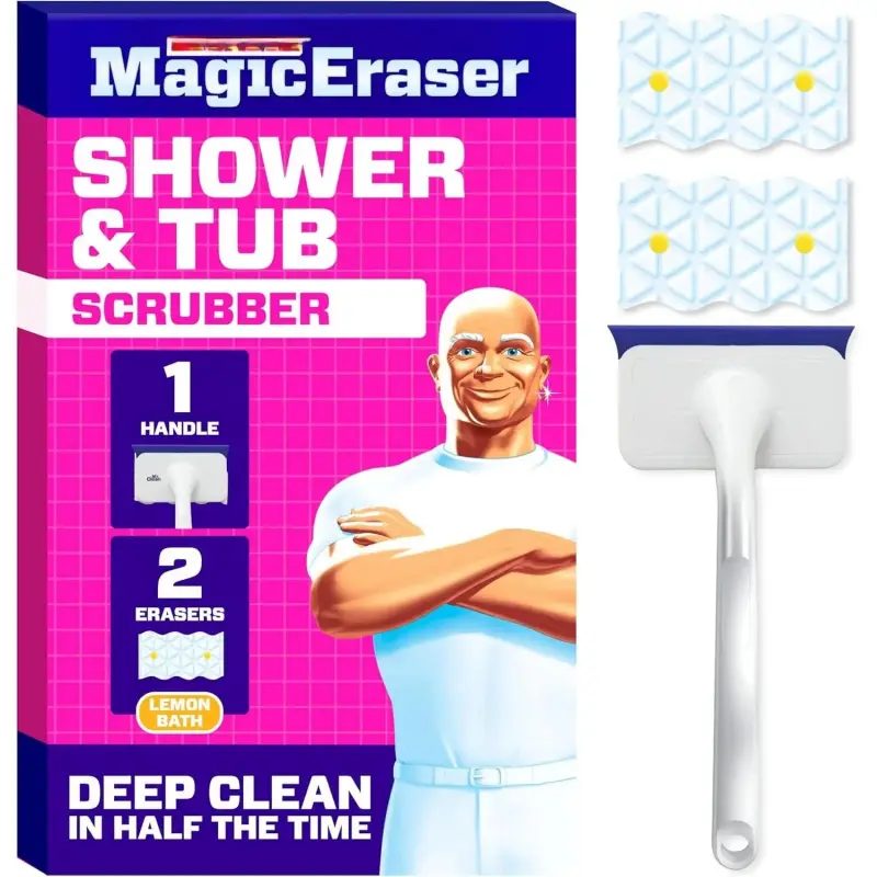 Magic Eraser Shower & Tub Scrubber Kit - Lemon Scented Bathroom Cleaner Tool with 1 Scrubber and 2 Foaming Magic Erasers