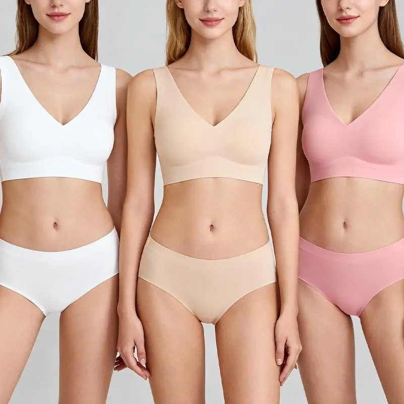 EssElegance Women's Soft Hues 3-Piece Lingerie Set White Pink Beige Pastel Collection Cloud-Like Stretchy Lounge Brassiere Sweetheart V-Neck Invisible Underclothes For Romantic Dates And Cozy Weekends