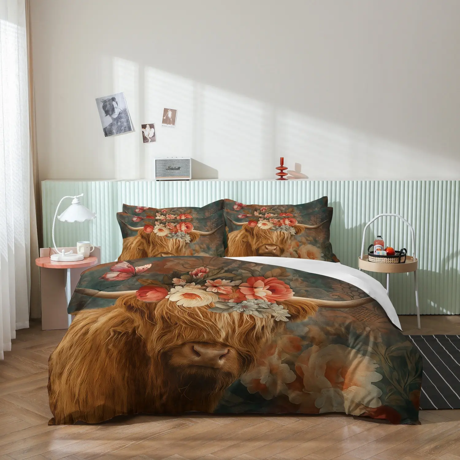 3 Pieces Dark Vintage Green Floral Highland Cow Print Duvet Cover Set, Rustic Western Farm Animal Peony Flower Print Bedding, Soft Microfiber Country Farmhouse Bedding Decor for Adults (1 Duvet Cover + 2 Pillowcases, No Comforter No Pillow)