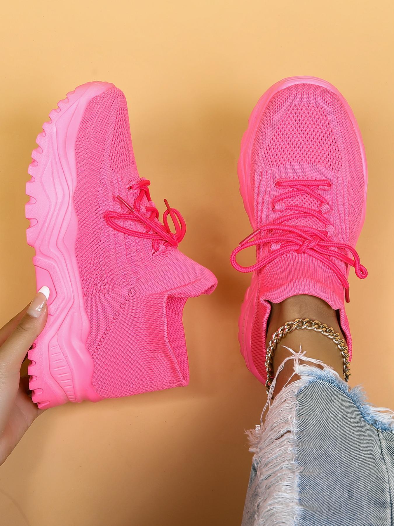 Women's Low Top Sports Running Shoes, Casual Outdoor Sports Walking Shoes, Knit Breathable Chunky Sneakers, Lace up Front Sneakers, Sporty Running Shoes