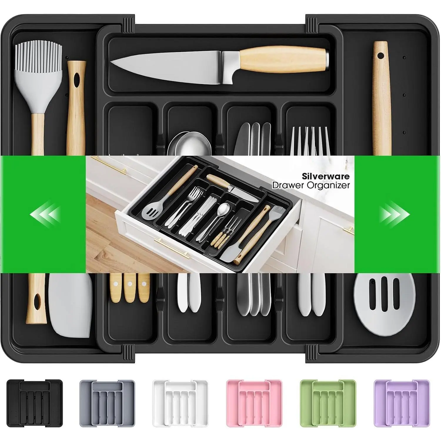 Silverware Organizer,Adjustable & Expandable Drawer Organizer, Black | Utensil Drawer Organizer,  Utensil Holder, Cutlery Tray for Forks, Spoons,  in Kitchen, Medium