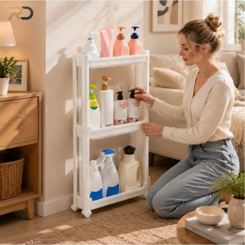 White Narrow Three-layer Gap Storage Rack, Fresh Ins Style, with Wheels and Support Feet, Dual-purpose Waterproof Plastic, Bathroom Toiletries Storage Rack
