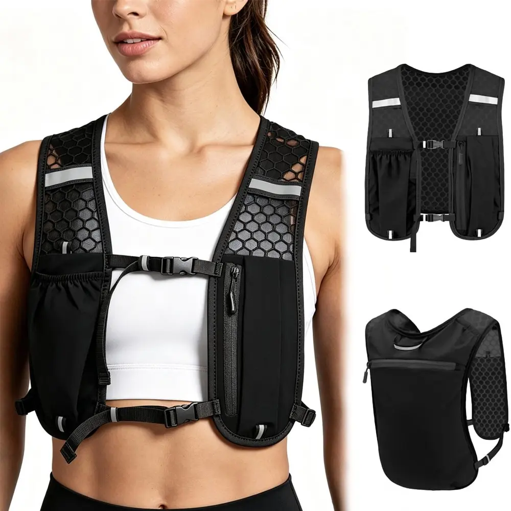 Running Vest for Women & Men, Hydration Vest with Water Bottle Holder, Zipper Phone Pocket, Lightweight Breathable Reflective Vest for Marathon Athletic Gear Workout Gear