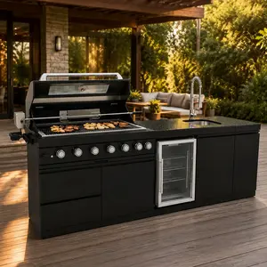 Traditional 101-Inch Black Outdoor Kitchen Island, 6-Burner Stainless Steel Gas Grill with Refrigerator, Sink, Storage, Rotisserie Kit & Granite Countertops