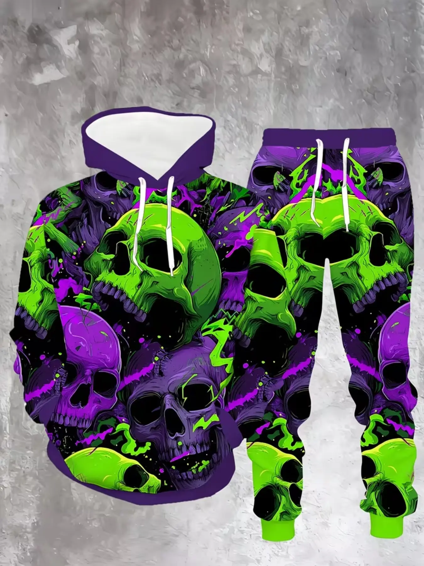 Men's Two-Piece Set, Fluorescent Skull Streetwear, 3D Full Print Sweatshirt, Dark Style Hoodie + Loose Long Pants, Outdoor Casual Wear