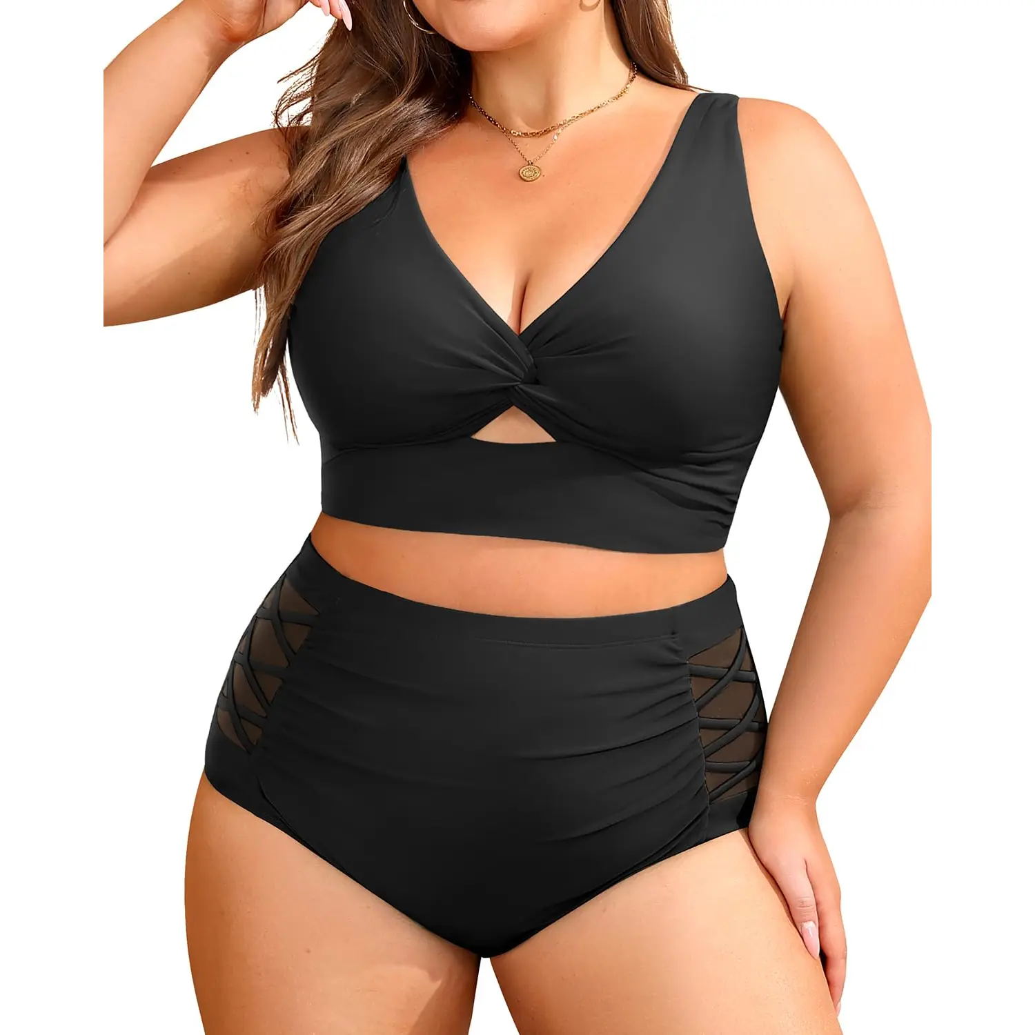 Yonique Women's Plus Size Two Piece Swimsuits - High Waisted Bikini Tummy Control Bathing Suits Twist Knot Swimwear