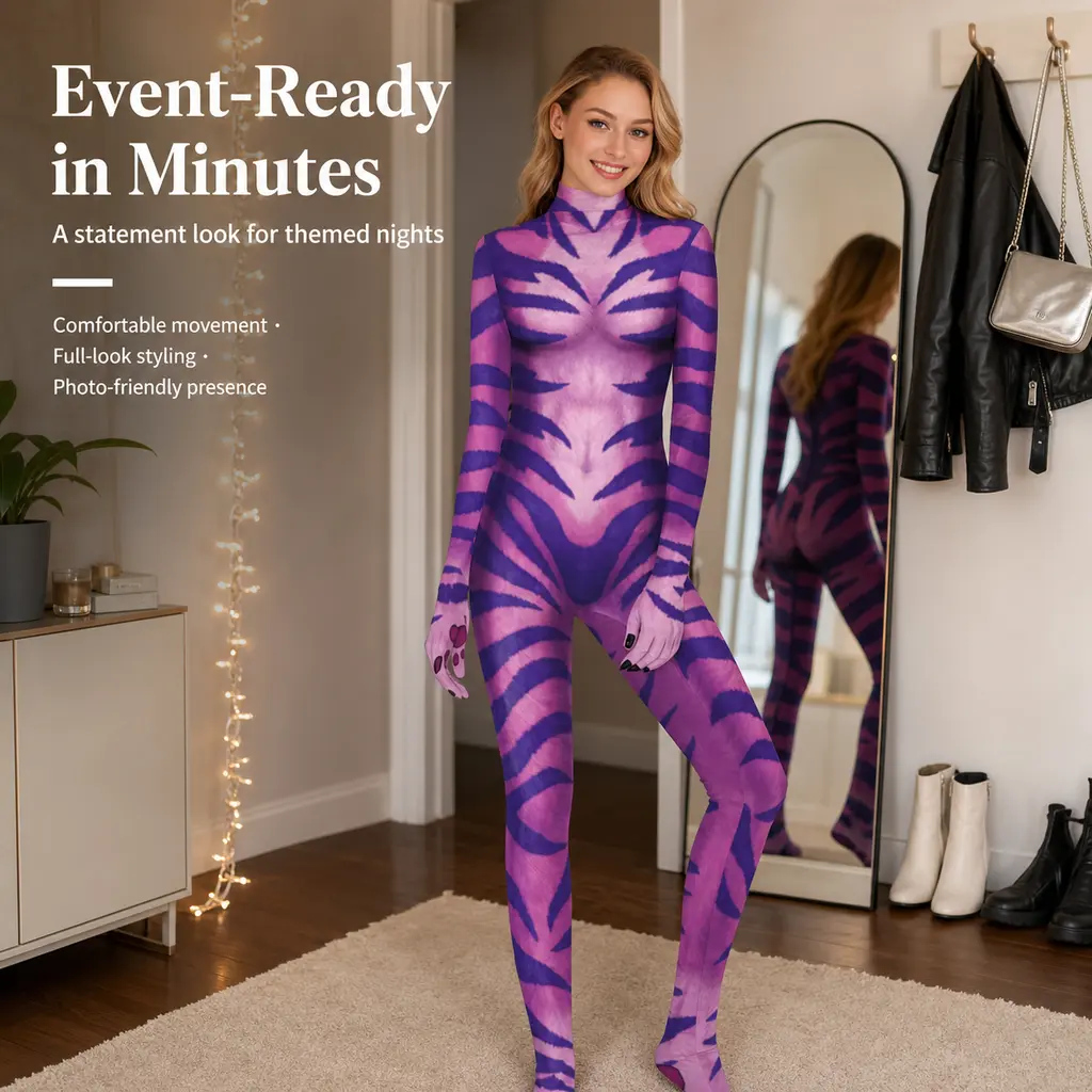 Women's Avatar Themed Purple Striped Full-Body Catsuit with Tail, Halloween Cosplay Costume, Matching Kids Sizes Available Clothes Comfy
