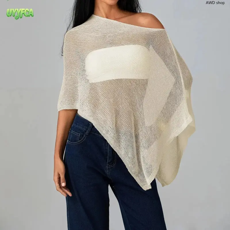 Y2K Solid Color Knit Crochet Sheer Poncho Shrug, Irregular Hem Loose See Through Shawl, Lightweight Casual Beach Cover Up, Breathable Swimwear Outerwear for Poolside, Beach Vacation, Daily Outfit Matching & Summer Styling, Lovely Holiday Gift